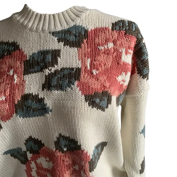 Mexx Sweater 100% Cotton Floral Motifs Jacquard 80s 90s MultiColor Pink Cream S - Picture 6 of 11